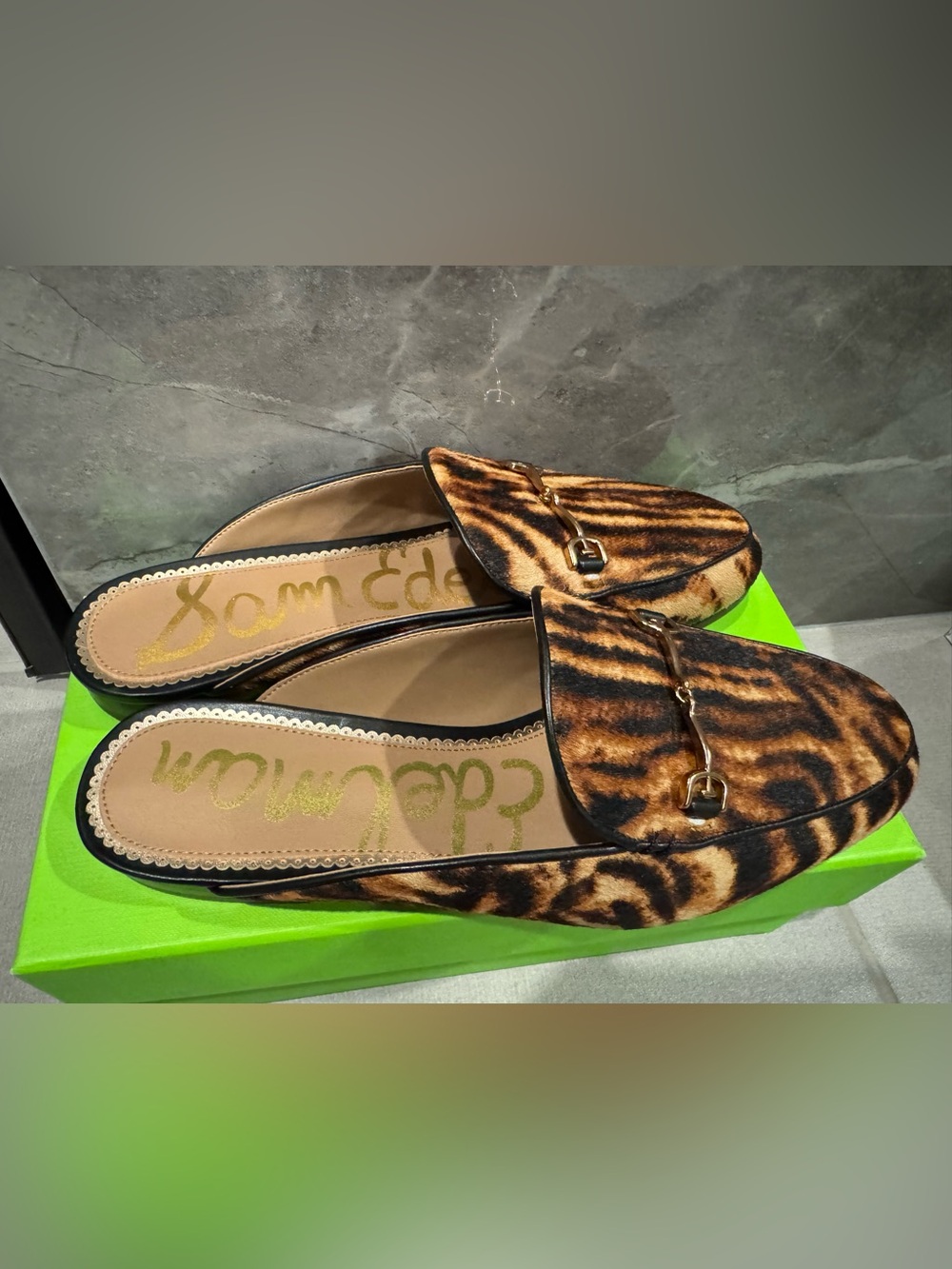 Sam Edelman Tiger-Print Horsebit Loafers in Brown and Black
